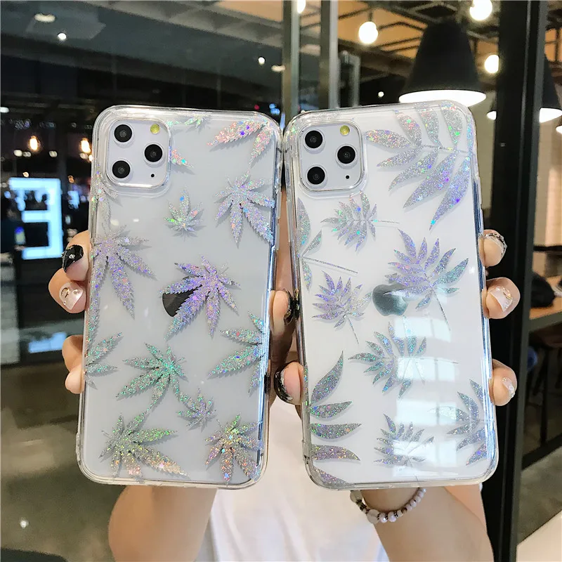 

Cute Rainbow Plating Leaf Maple Plant Transparent Silicon soft protection phone case for iphone 11 Pro Max 7 8 6S plus cover