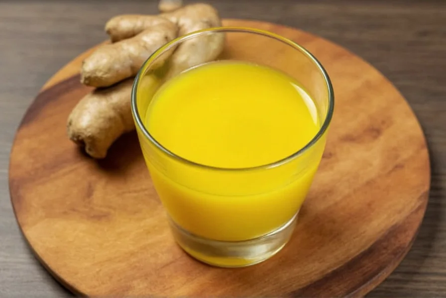 Glass bottles containing golden ginger turmeric shots arranged on wooden surface