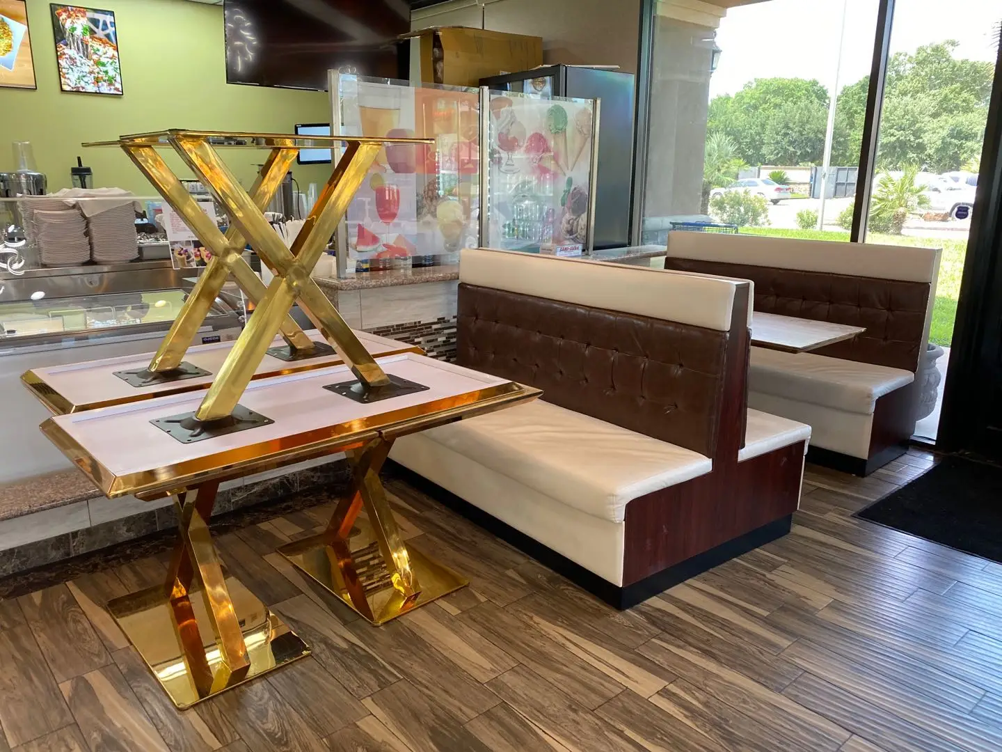 
Pattern color fast food restaurant double side seat booth seating sofa and wood table for sale(FOH-CBCK20) 