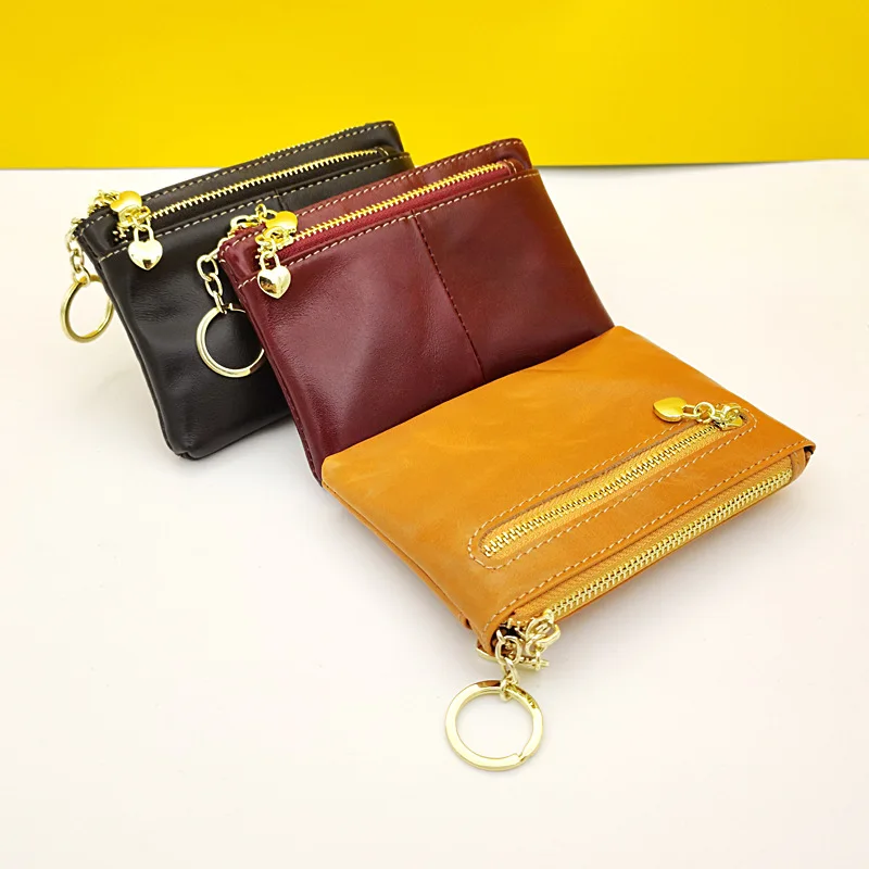 

New First Layer Cowhide Short Card Key Case Oil Wax Leather Small Wallet Wholesale Coin Purse, 5 colors