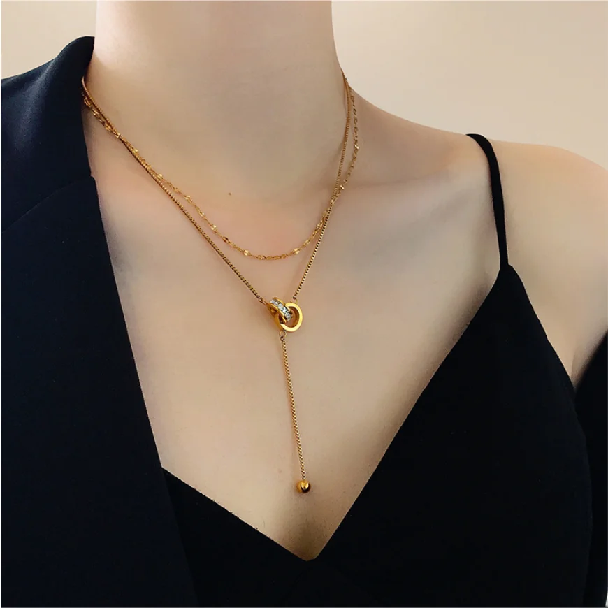 

316L Stainless Steel Fashion Upscale Jewelry 2 Layer Circle Zircon Tassel Charms Chain Choker Necklaces & Pendants For Women, Gold