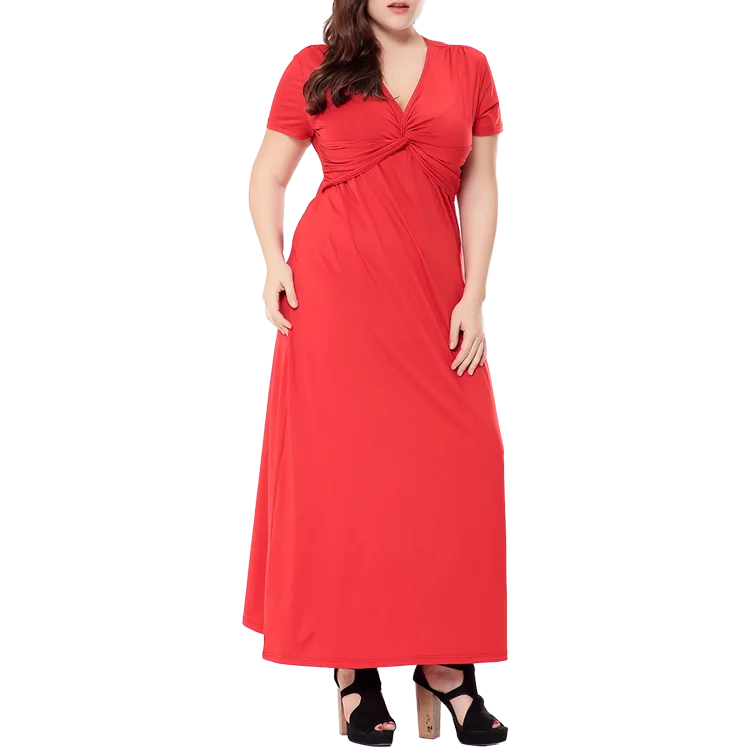 

V Neck Solid Color Party Ruffle Ladies New Plus Size Dress, Custom