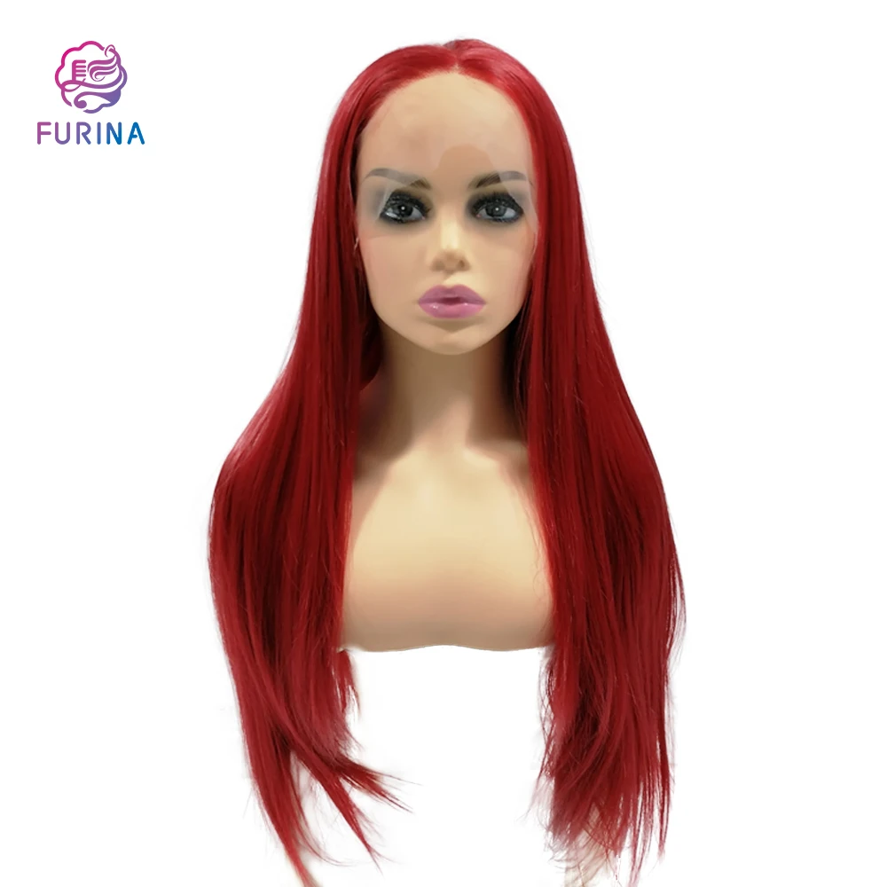 

Factory price synthetic lace front wigs Red long silky straight middle part frontal wigs for women