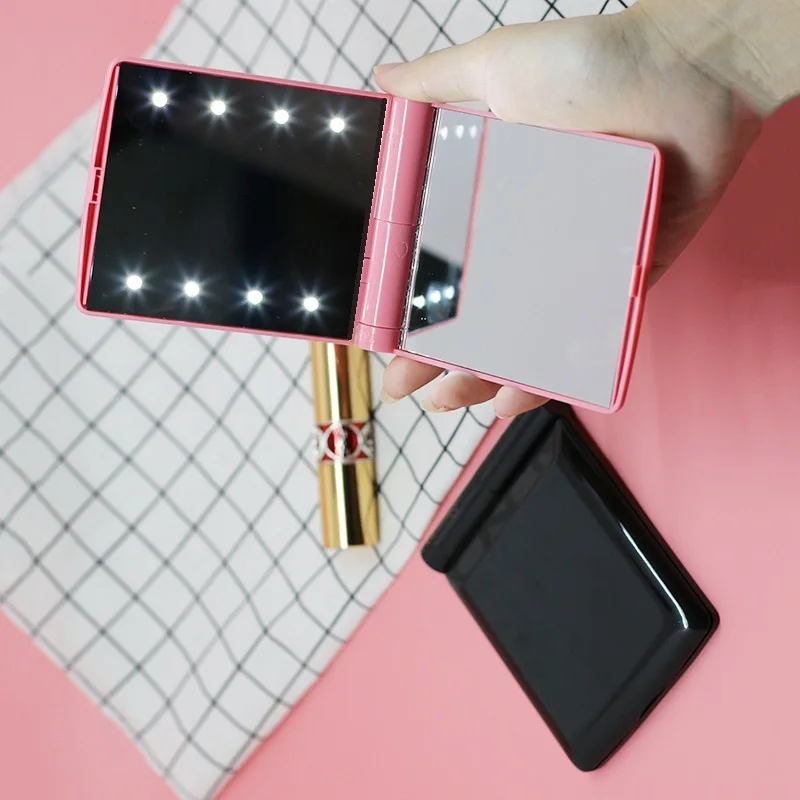 

Selling new jean pocket 8 LED Light Lamp rainbow Makeup Mirror Foldable Makeup Mirror Cosmetic Hand Folder Portable Pocket, Pink,whie,black,blue