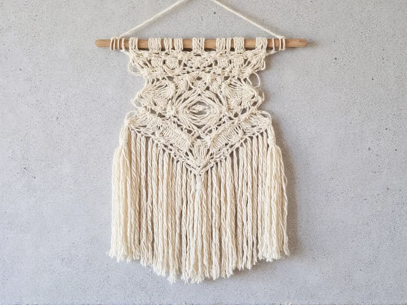 Completed geometric macrame wall hanging against textured backdrop