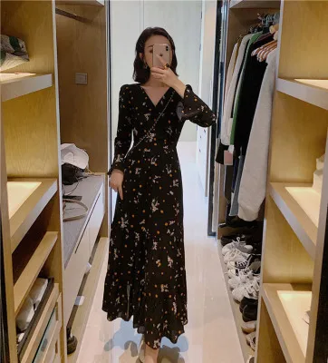 

Korean floral chiffon dress 2021 new spring and autumn long-sleeved temperament waist mid-length bellflower long skirt