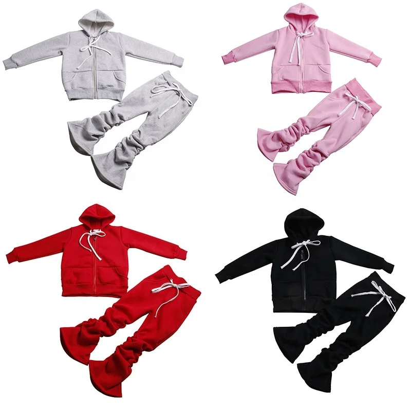 

Fall Kids Zipper Sweatsuit Stacked Pants Fleece Hoodies Tracksuit Baby Girls Clothing Jogger Sets Winter Mommy And Me Outfits