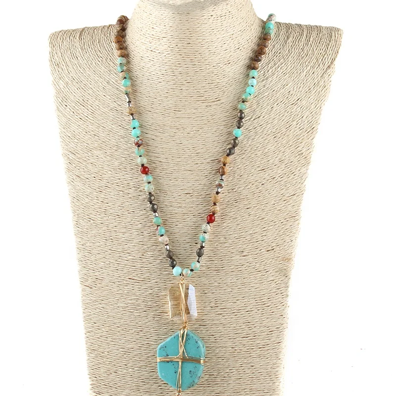 

Women Birthday Gift Fashion Bohemian Jewelry GemStone Glass Knotted Winding Blue Stone Cross Turquoise Pendant Necklace