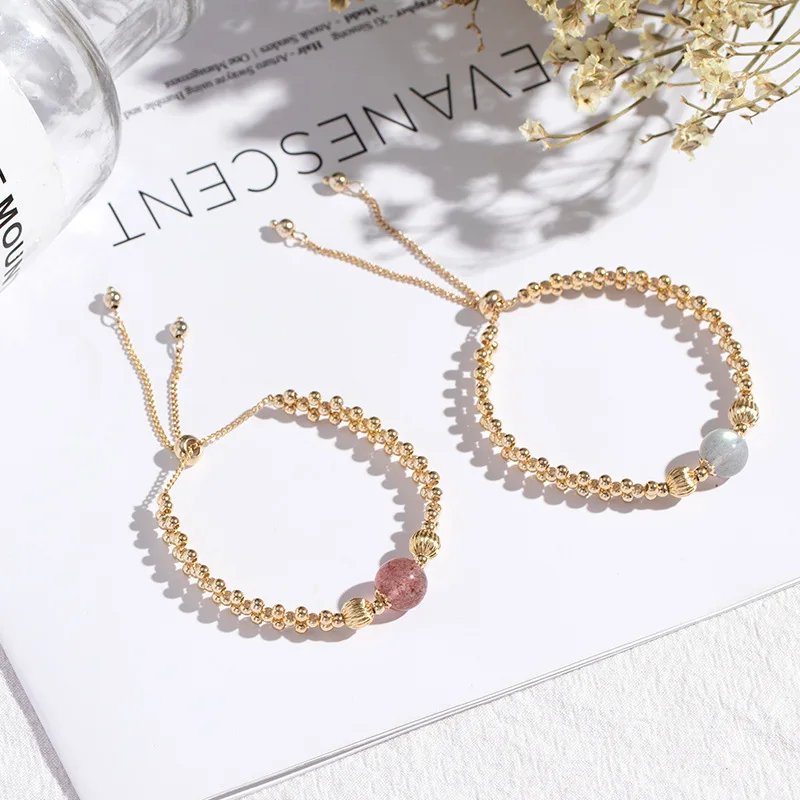 

Fashion Charm Handmade Peach Blossom Strawberry Elastic Crystal Plated Real Gold Bracelet Men Accesories