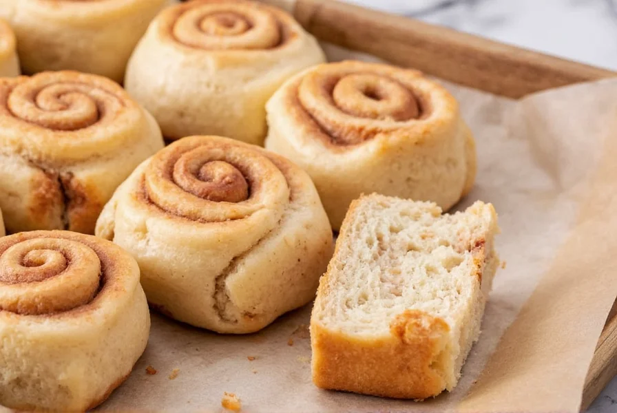 Perfectly baked golden brown cinnamon rolls on a light-colored baking pan with proper spacing