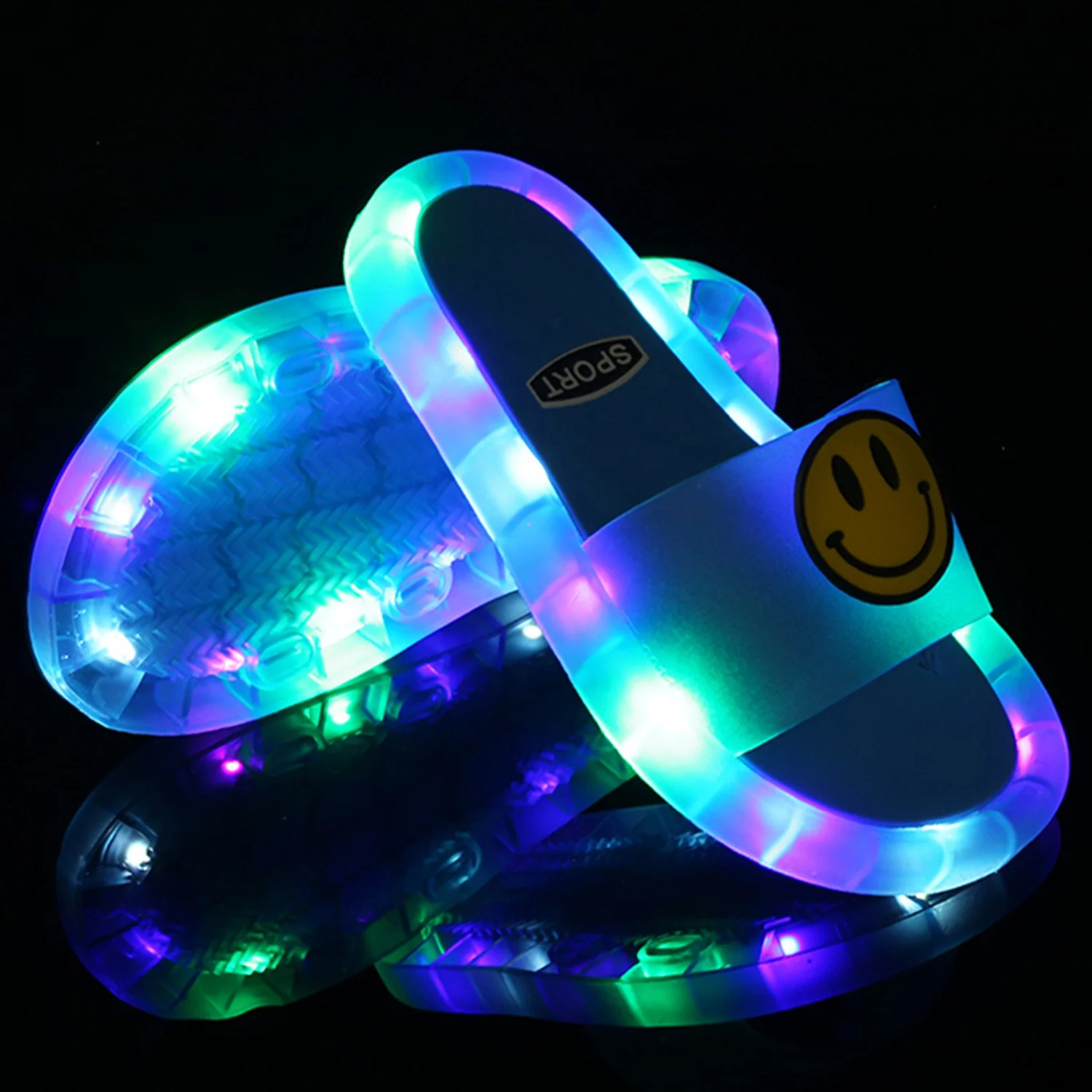 

Latest Summer Kids Slides Cool Boys and Girls LED Lights Slippers Smile Face Open Toe Design PVC Children Sandals, Black, yellow, pink, blue...