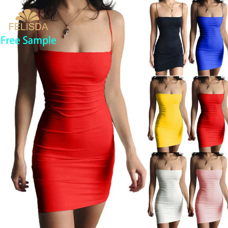 

Free Sample Spaghetti Strap Camisole Mini Dress Women Plus Size Bodycon Clothes Summer Low Cut Sleeveless Party Club Sexy Dress