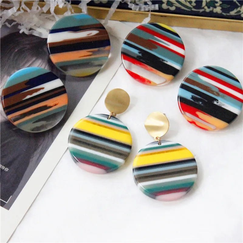 

Women's Retro Jewelry Oil Painting Acrylic Acetate Earrings Round Stripped Acrylic Drop Earrings