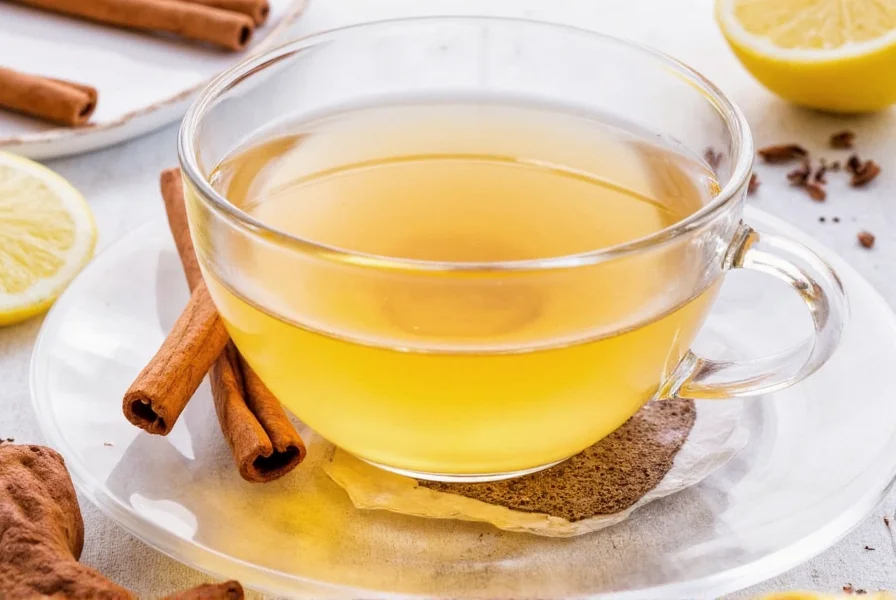 Steaming cup of ginger cinnamon tea with fresh ginger slices and cinnamon stick visible in clear glass mug