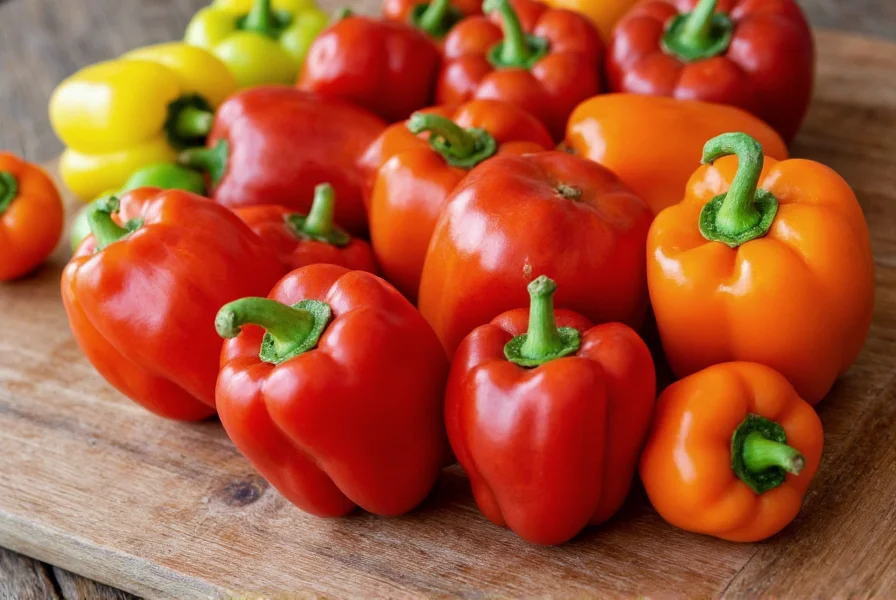 Assortment of sweet pepper varieties on wooden table showing color and shape diversity