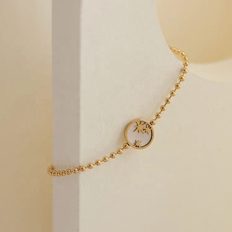 

Bohemian Gold Color Charm Chain Bracelet Stainless Steel Gold Bead Chain 18K Gold Plated Star Round White Shell Bracelet, Gold/silver/rose gold