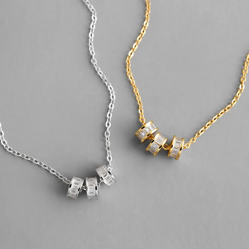 

Fashion S925 Sterling Silver Clavicular Chain Cubic Zirconia Crystal Triple Round Pendant Necklaces for Women, Picture color