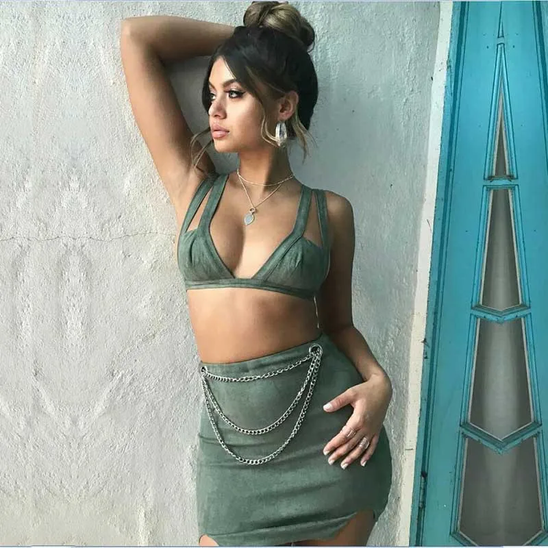 

KQ-115 New fashion sexy backless velvet tank top two piece set women high waist pencil skirt two piece summer set, As picture
