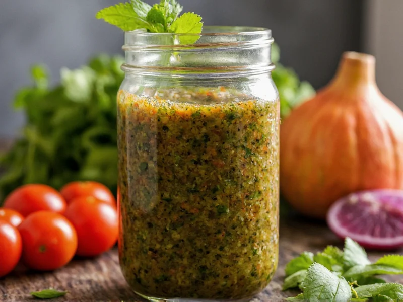 Fresh homemade chimichurri sauce in mason jar with herbs