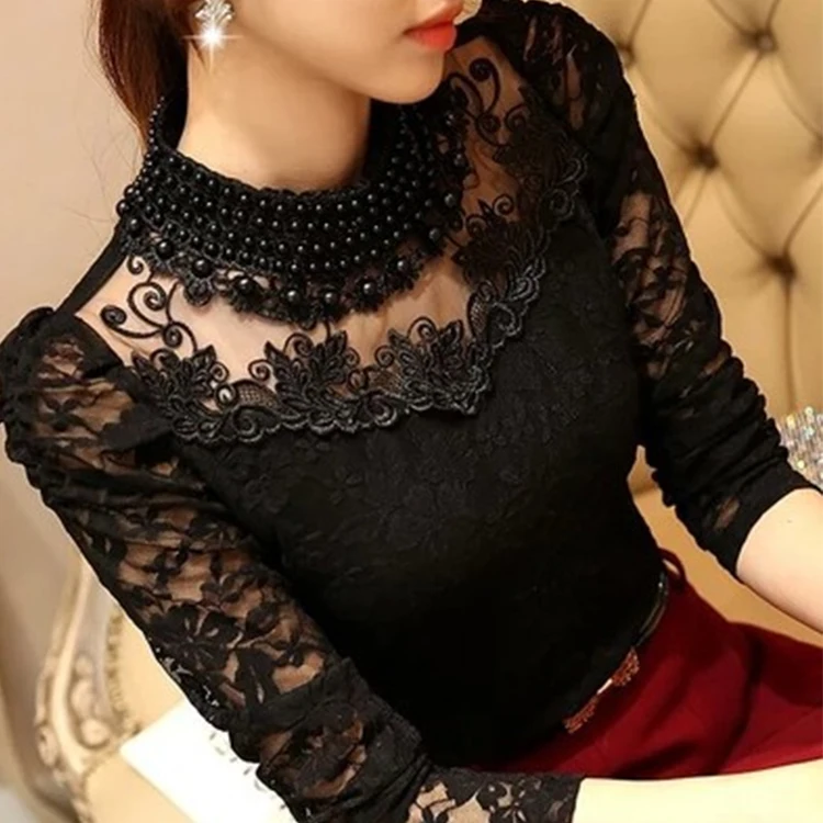 

Latest Ladies Fashion Tops Korean Long Sleeve Sexy Female Strechable Women Lace Blouses, White / beige / black