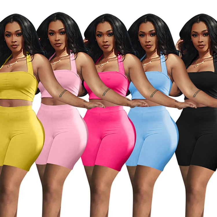 

MOEN Wholesale Two Piece Short Set Women Solid Color neon Halter Top Elastic Waist Shorts 2 Piece Set Women