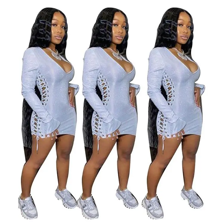 

07215NB Fashion Casual Lace Up Deep V Neck Hollow Out Sexy Bodycon Night Evening Club Party Summer Women Girls' Casual Dress