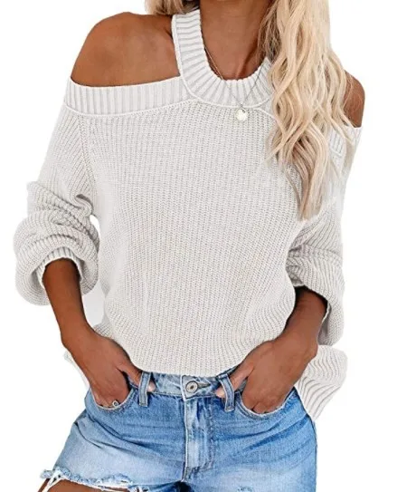 

New Commuter OL Big Code Sexy Women's sweater Off-the-shoulder Solid-colored Loose Knit Women's sweater