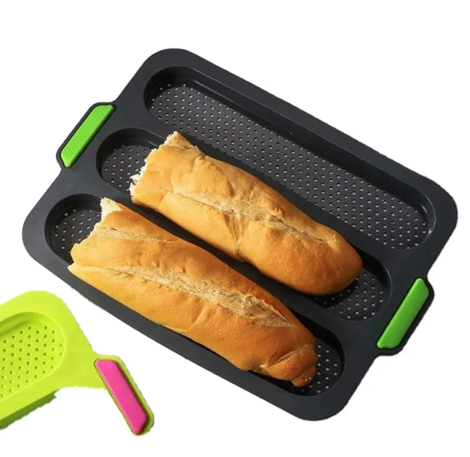 

Food Grade Non-stick 3 Cavity Perforated Frech Toast Bread Loaf Silicone Baking Pan Baguette Mold Tray, Gray, beige, green