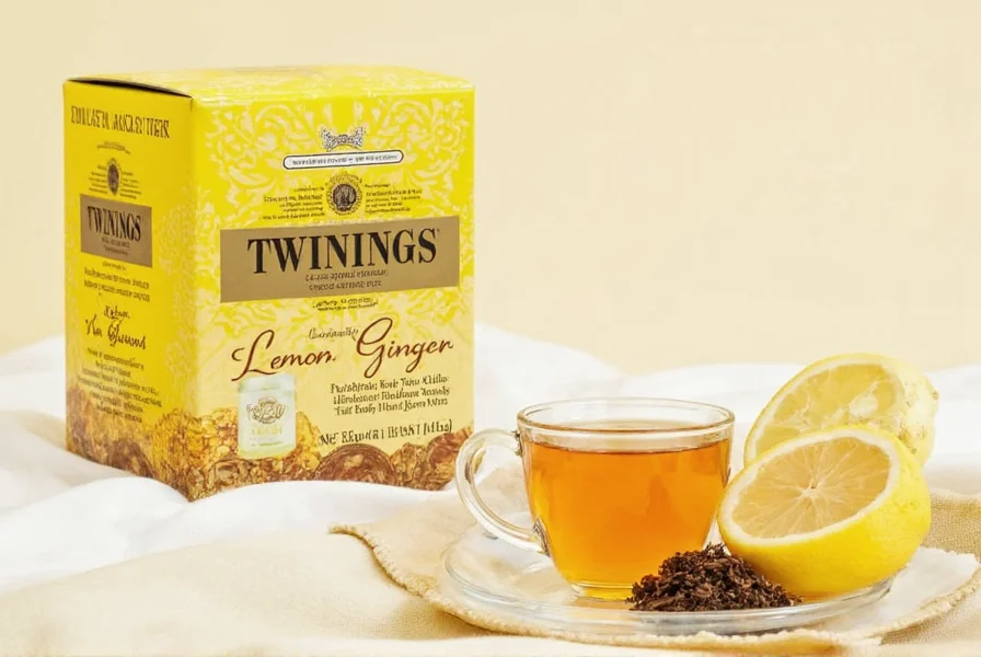 Close-up photograph of Twinings Lemon Ginger tea in a white ceramic cup showing golden-amber infusion color with lemon slice and fresh ginger pieces beside it