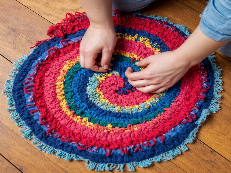 Hands coiling t-shirt strips into rug spiral formation