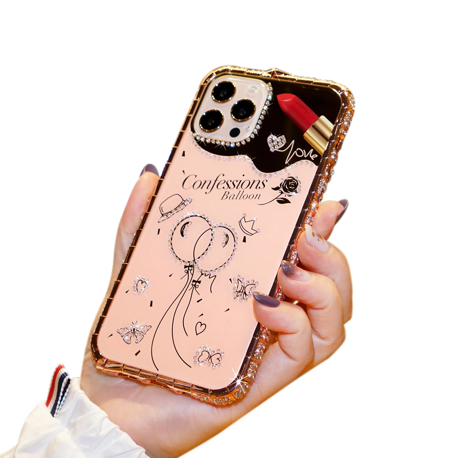 

Makeup mirror Diamond jewelry Metal frame Girls Women Ladies Phone Case for iPhone 12, Colors optional