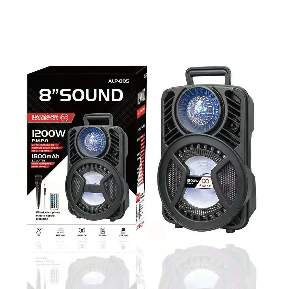 

8 inch heavy bass high volume cool lighting square outdoor speaker BT wireless portable portable party speaker with radio mic