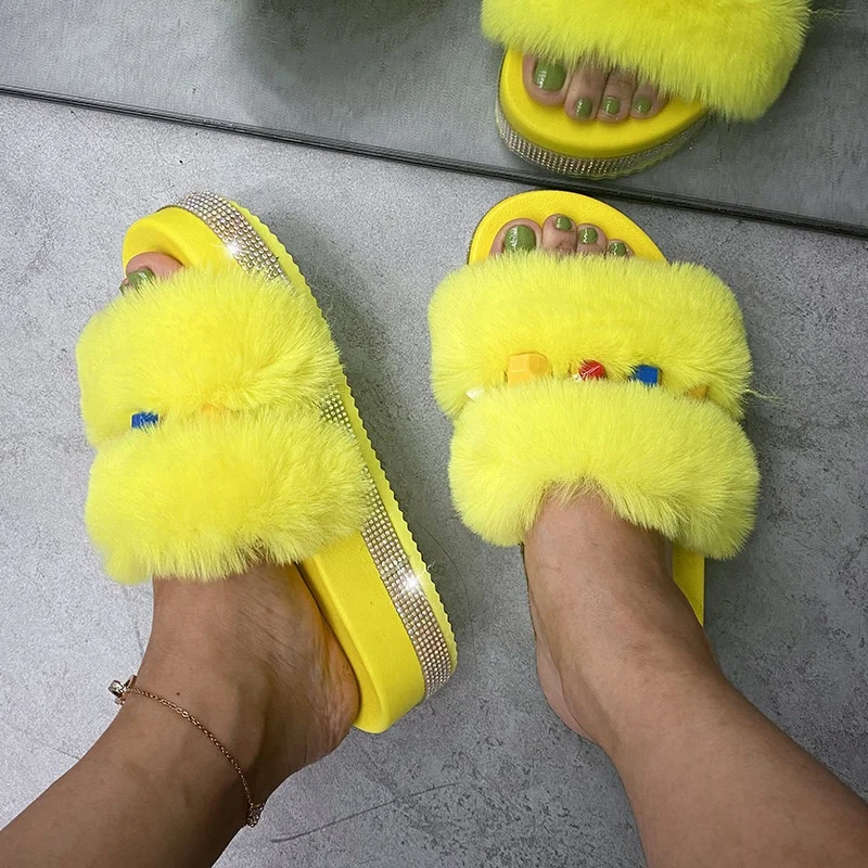 

Crystal Diamond Thick Sole Fluffy Women Slippers Shoes Fur Platform Slippers Flat Bottomed Large Size 43 Women Sandals, White,black,pink,yellow