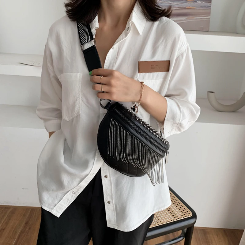 

Wide shoulder belt Fanny pack fashionable tassel bag new tide messenger bag, White/black