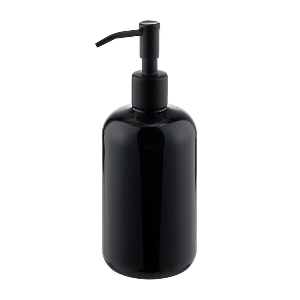 24/410 Recycled 16oz Round Plastic Bottles Black Amber PET Boston Round Bottles With 304 Stainless Steel Pump