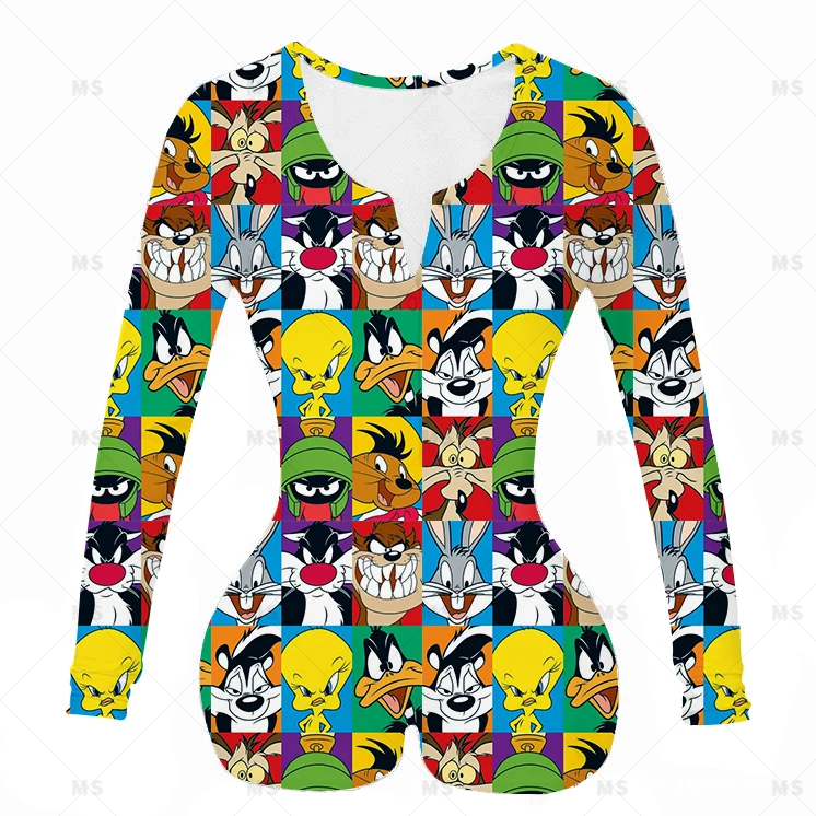 

Latest style fashion fall cartoon pattern long sleeve v neck women onesie pajamas, Picture shows