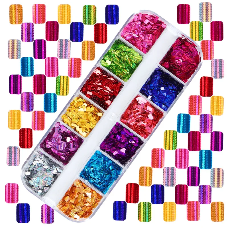 

2022 NEW 12 grid strip box laser flash rectangular nail polish Sequin ins net red splicing square patch jewelry, Picture