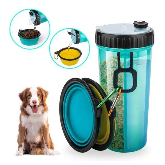 

Hot Selling 2 IN 1 Pet Dog Water Bottle Food Container Carrier Outdoor Travel Food Feeder Drinking Cat Dog Water Bottle, Blue/yellow/purple