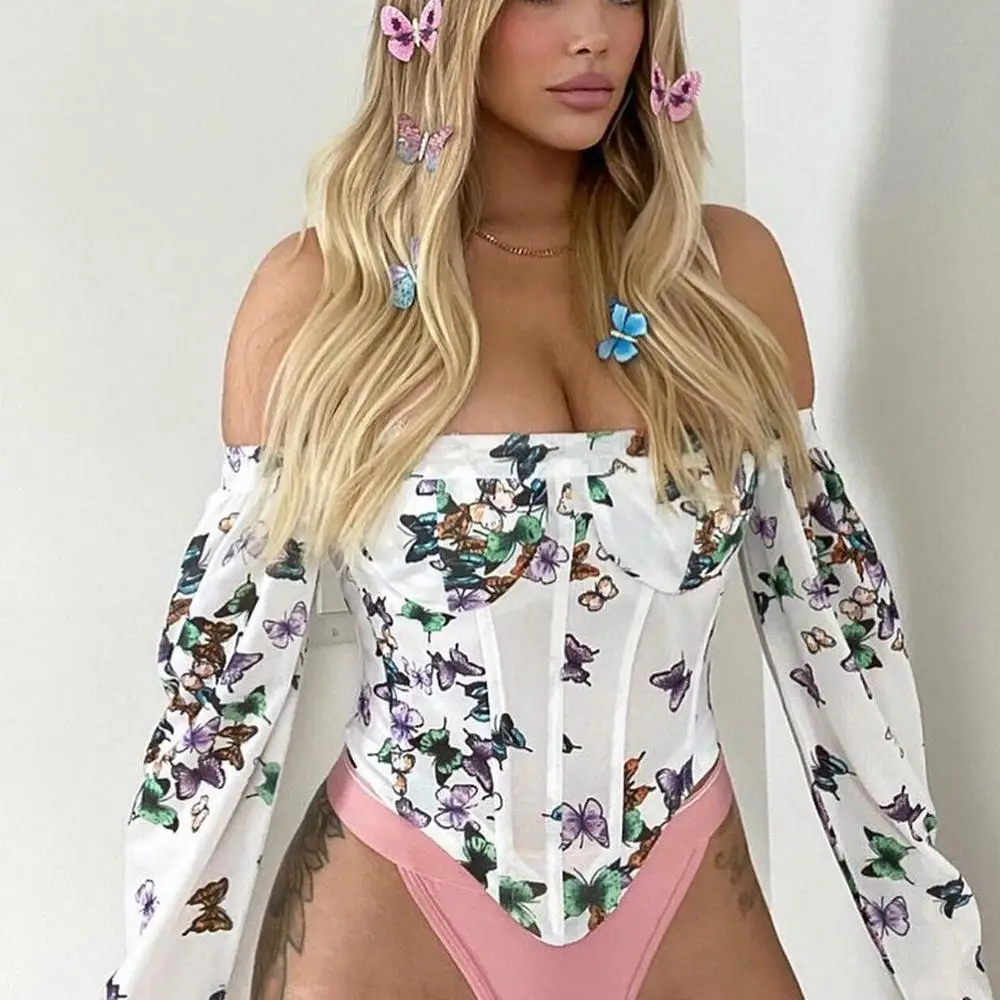 

2020 Mesh Butterfly Off The Shoulder Bustier Crop Long Sleeve Corset Top For Girls, Customized color