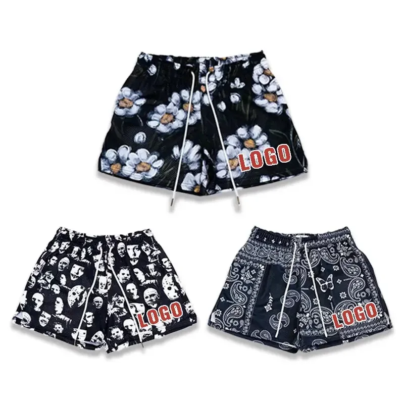 

2023 Summer Custom Logo Polyester Printed Men Paisley Mesh Basketball Workout Gym 5 inch inseam Shorts