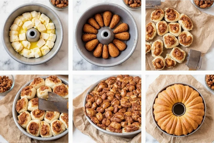 Step-by-step preparation of monkey bread made with cinnamon rolls showing dough pieces coated in butter and sugar mixture layered in bundt pan