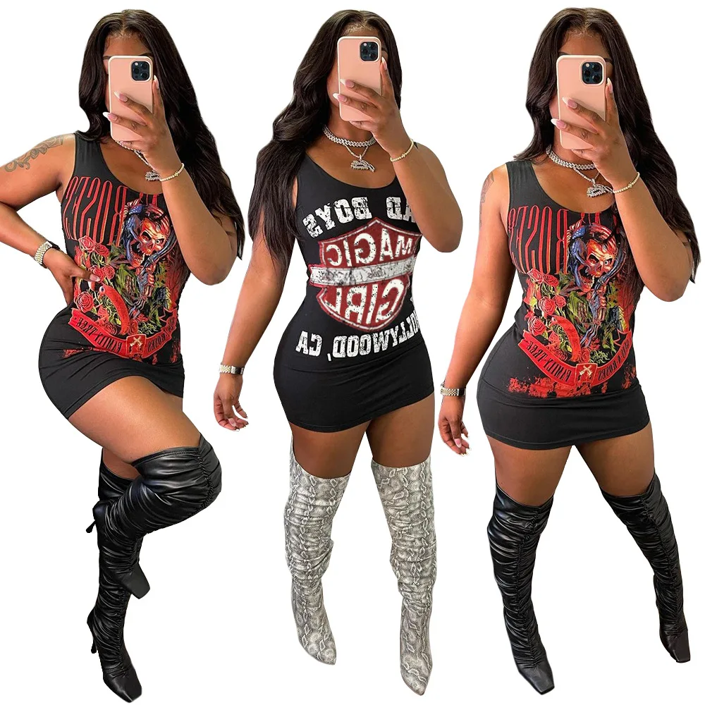 

2021 summer sexy sleeveless skinny printed mini dress women sun dresses, 2 colors