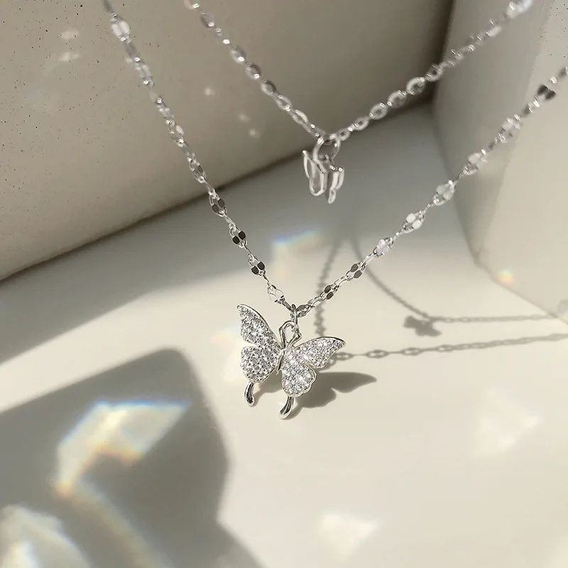 

Shiny Double Layer Crystal CZ Butterfly Pendant Necklace 925 Sterling Double Layer Butterfly Necklace