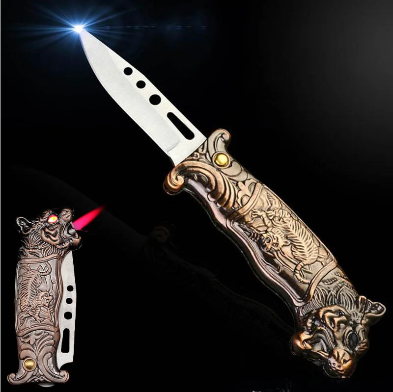

Wholesale 3D faucet tiger head multi-function lighter, portable folding knife using butane 2-in-1 windproof belt knife lighter