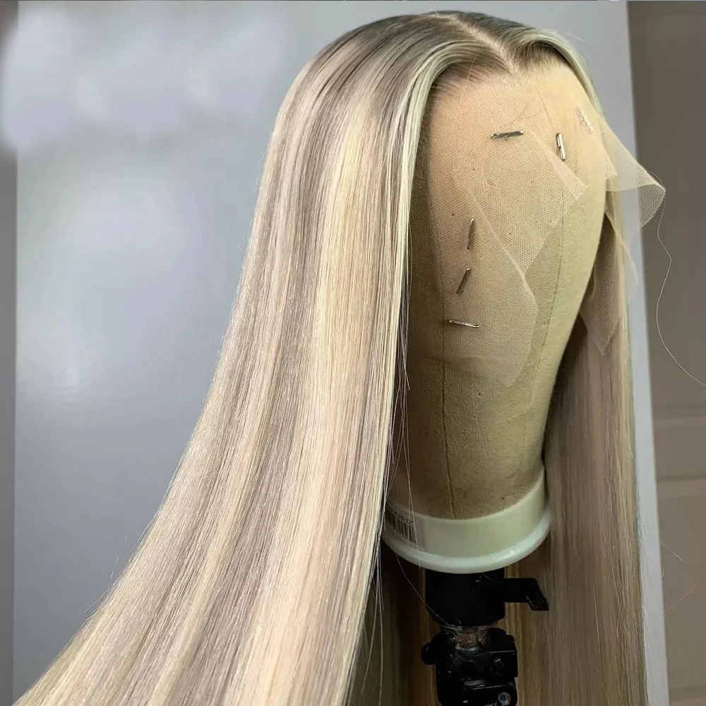 

613 Lace Frontal Wig 13x6 Grey Highlight Human Hair Platinum Blonde Lace Front Wig Ombre Straight Transparent Lace Wigs For Wome, Natrual color wig