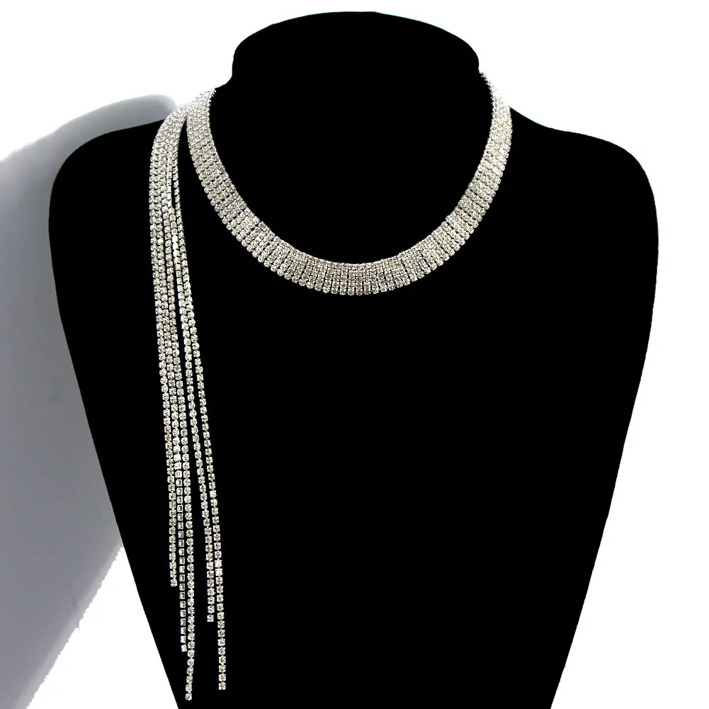 

Luxury Full Crystal Chain Silver Color Multi Layer Mesh Necklace Jewelry Rhinestone Long Tassel Choker Necklace Women