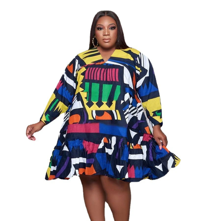 

F22107A 2021 New Autumn Women's Plus Size Dress Printed V-Neck Long Sleeve Plus Size Skirt Dress, As picture