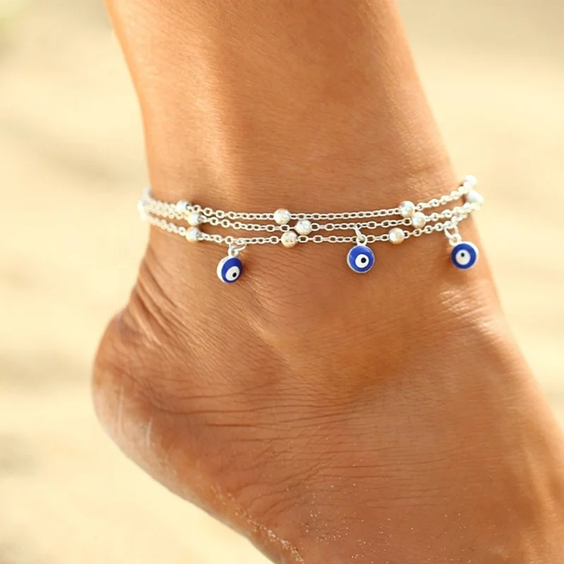 

Livraison gratuite bracelet de pied 18k plaque or double couche mauvais oeil bracelet de pied bracelet de pied de plage argente