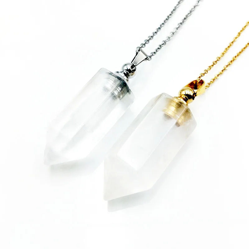 

Hexagon prism Point Bottle Pendant Genuine Gemstone Pendant Necklace Clear White Crystal quartz Bullet Bottle Pendant, Multi