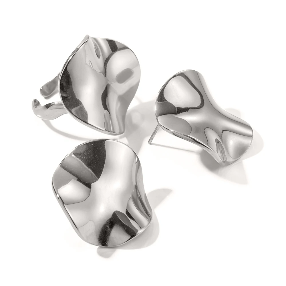 

J&D New Geometric Pleated Texture Stud Earrings Stainless Steel Abstract Earrings Adjustable Ring Set